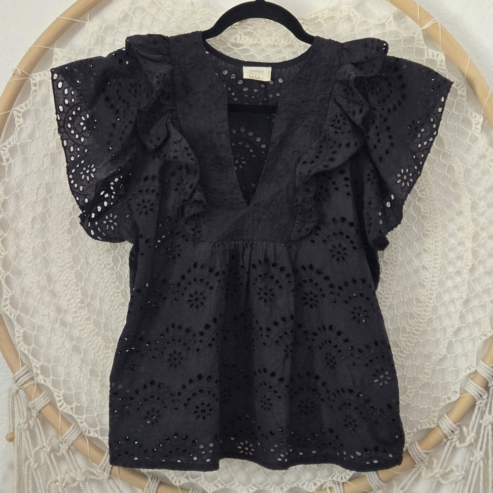 Nicole Miller Black Embroidered Eyelet Lace Babydoll Ruffle V-Neck Top